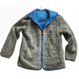 Palm Tree Two-Tone Reversible Sherpa Jacket Blue Print Zippered Womens size XL